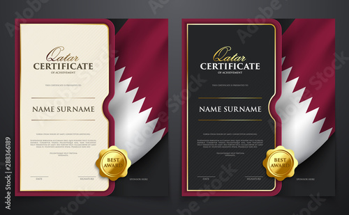 Set of patriotic achievement certificate with Qatar flag, luxury elegant gold style cover