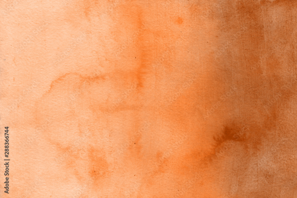 Fototapeta premium Orange watercolor abstract background with waves and strokes on white paper background. Trendy look. Chaotic abstract organic design.