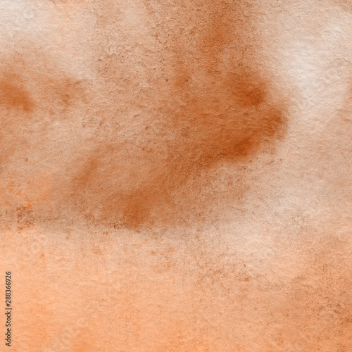 Orange watercolor abstract background with waves and strokes on white paper background. Trendy look. Chaotic abstract organic design.