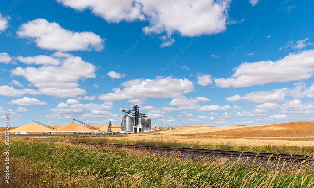 Fototapeta premium Landscape of Three Huge, Amazing Pyramids-of-Grain at the Harvest Grain Processing and Transportation Site near the Town of Oakesdale WA