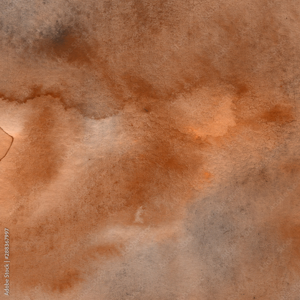 Fototapeta premium Orange watercolor abstract background with waves and strokes on white paper background. Trendy look. Chaotic abstract organic design.
