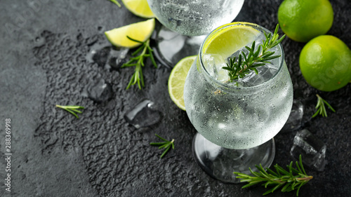 Quadro su tela Gin and Tonic Alcohol drink with Lime, Rosemary and ice on rustic black table