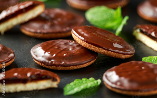 Jaffa cakes sweet cookies with orange and chocolate