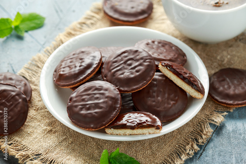 Jaffa cakes sweet cookies with orange, chocolate and coffee