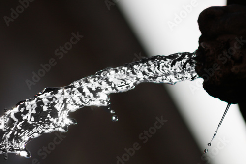 Photography in silhouette of a water jet, on a white and black background. High shutter speed, visible details of water drops.