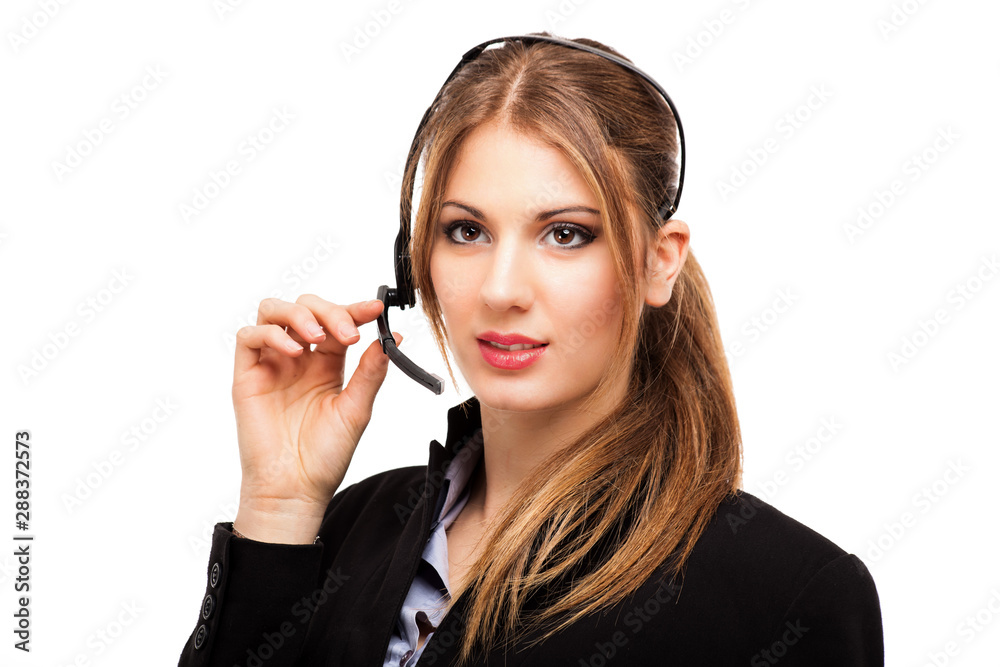 Beautiful consultant of call center in headphones on white background Beautiful consultant of call center in headphones on white background