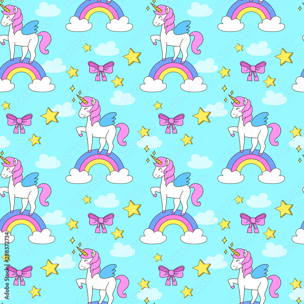 Seamless vector pattern. Cute unicorn and rainbow.