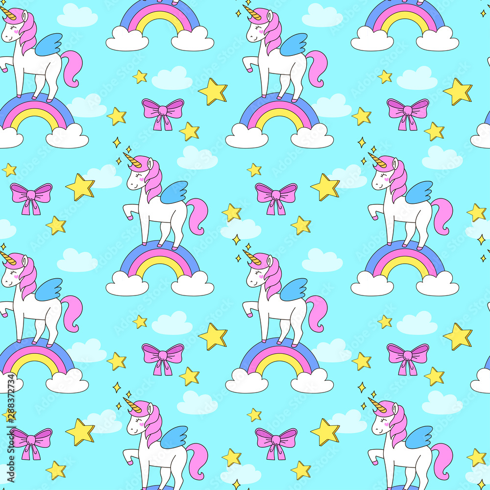 Seamless vector pattern. Cute unicorn and rainbow. Seamless vector pattern. Cute unicorn and rainbow.