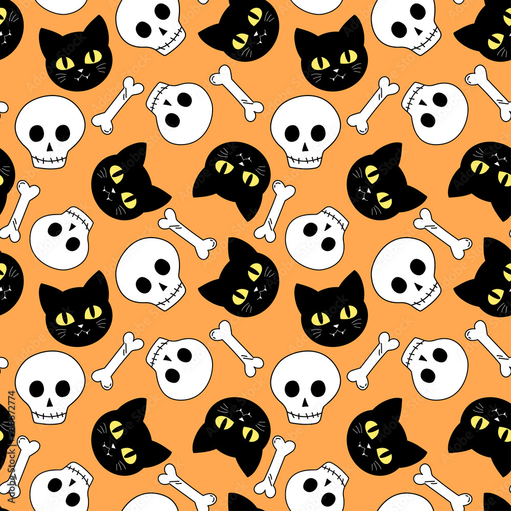 Halloween vector seamless pattern. Cats and skulls on an orange background