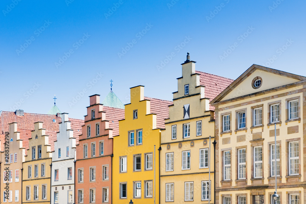 colorful stepped gable houses on market square in Osnabruck, Germany