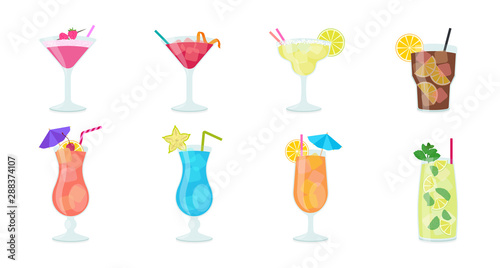 Vector set of popular cocktails in flat style: Cosmopolitan, Tequila Sunrise, Blur Hawaii, Margarita,Clover Club, Cuba Libre, Mojito, Sex on the beach