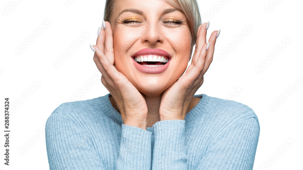 Laughing woman with great teeth over white background. Laughing woman with great teeth over white background.