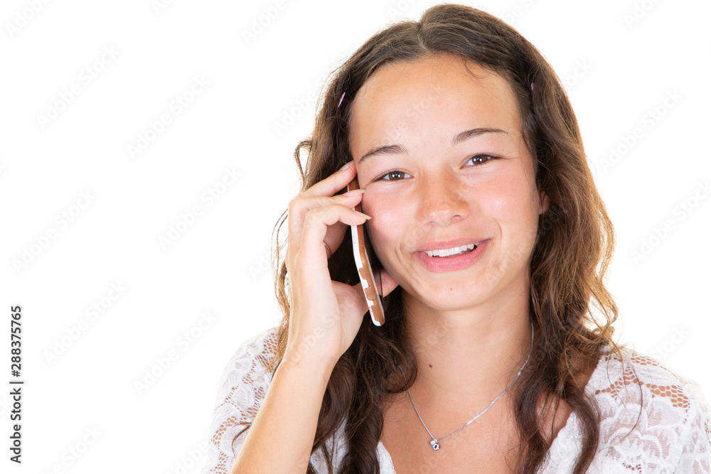 Portrait of happy brunette surprised young woman on white background teen girl on phone speak Portrait of happy brunette surprised young woman on white background teen girl on phone speak