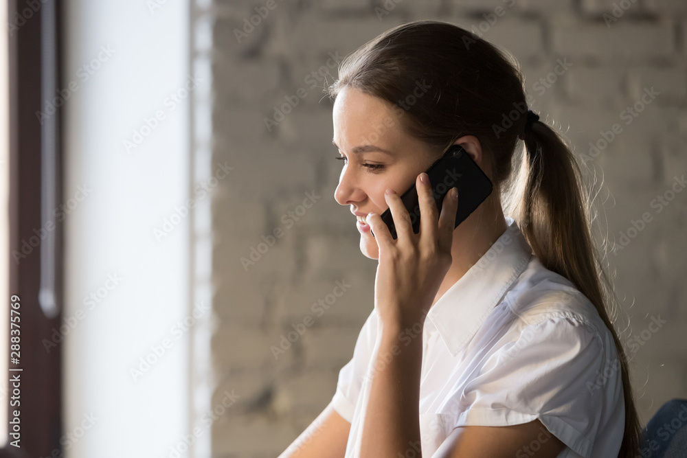 Friendly businesswoman manager consulting client by phone at work Friendly businesswoman manager consulting client by phone at work