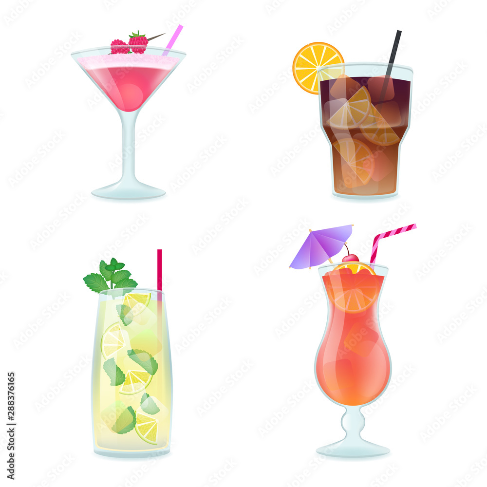 Realistic vector set of classic alcohol cocktails: Clover Club, Cuba Libre,  Mojito, Sex on the beach Stock Vector | Adobe Stock