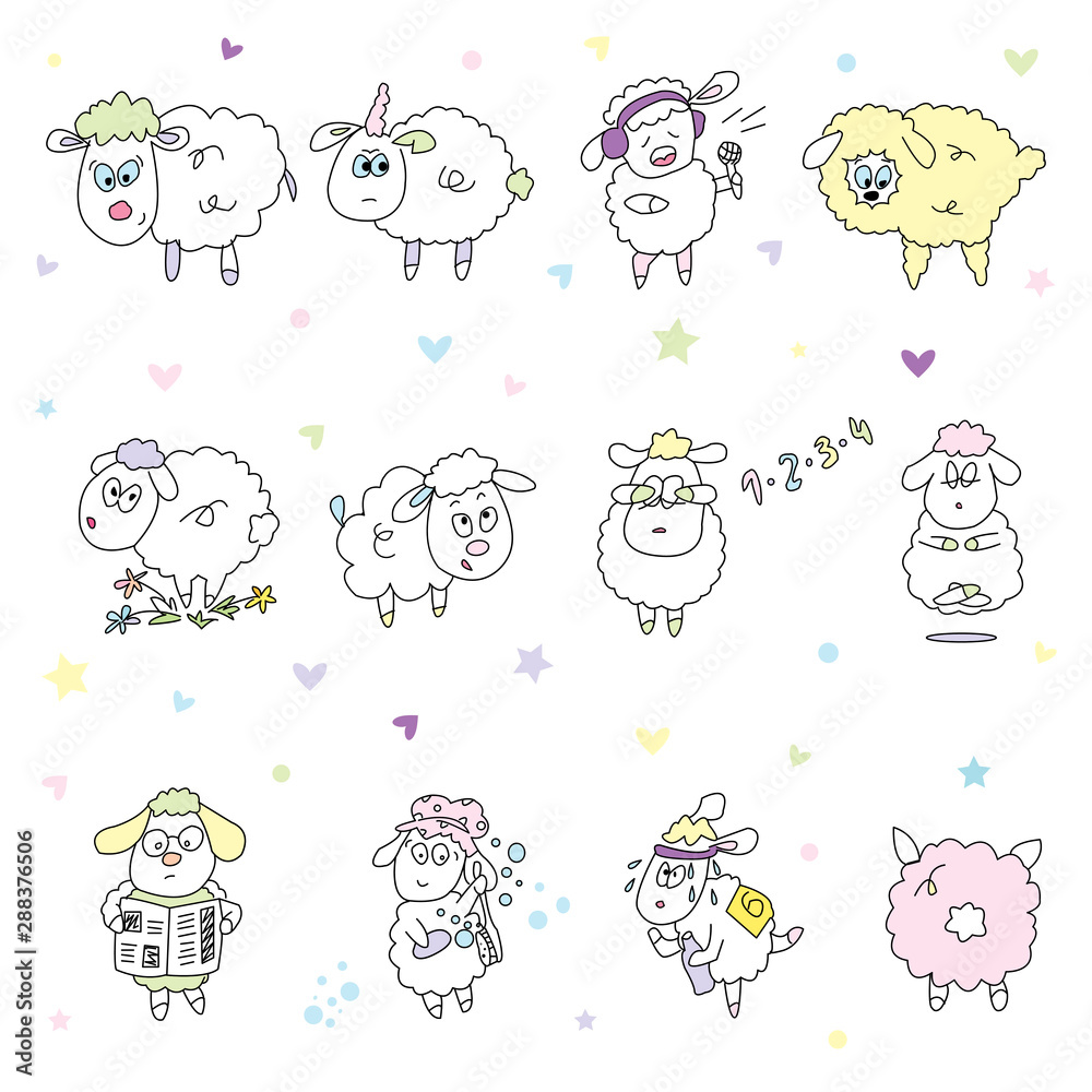 seamless pattern with animals. Sheep flat hand drawn vector color characters set isolated on white. Cartoon illustration