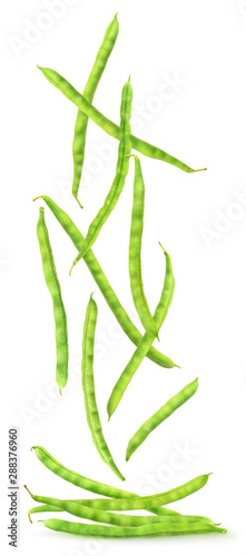 Isolated green beans in the air. Falling pods of raw french beans isolated on white background with clipping path