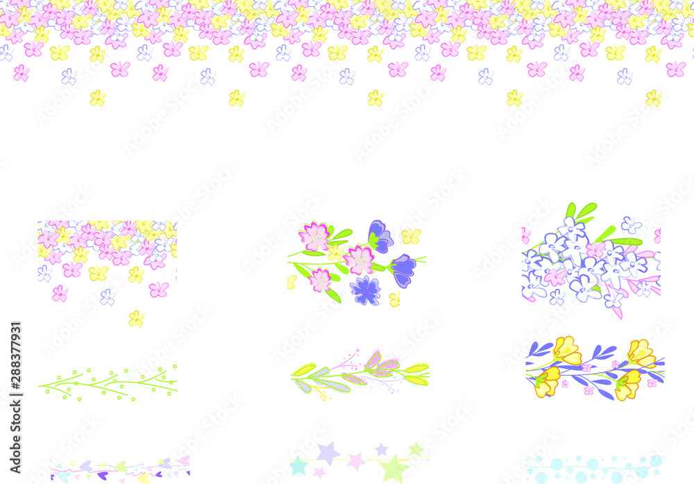 Hand drawn floral  seamless brush with tender elements in pastel colors. Elegant  endless floral brush with doodle flowers in blue, yellow, pink, violet and green on white 
