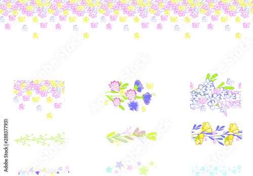 Hand drawn floral  seamless brush with tender elements in pastel colors. Elegant  endless floral brush with doodle flowers in blue  yellow  pink  violet and green on white 