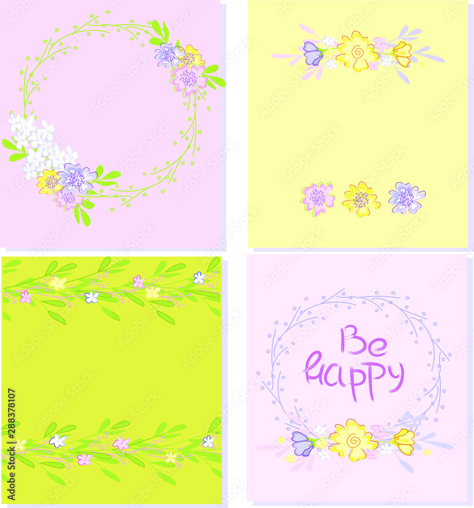 Hand drawn floral cards with round wreaths in pastel colors. Elegant floral posters with doodle flowers and leaves blue, yellow, pink, violet and green