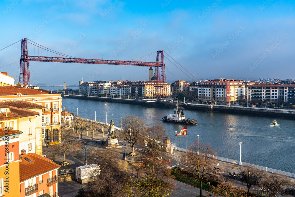 Fototapeta premium Vizcaya Bridge (Puente Colgante) is the oldest transporter bridge built in 1893 and UNESCO World Heritage Site, Portugalete, Basque Country, Spain