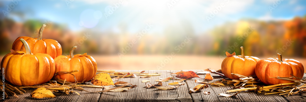 Thanksgiving Pumpkins And Leaves On Rustic Wooden Table With Sunlight And Bokeh On Autumn Background - Thanksgiving / Harvest Concept - obrazy, fototapety, plakaty 