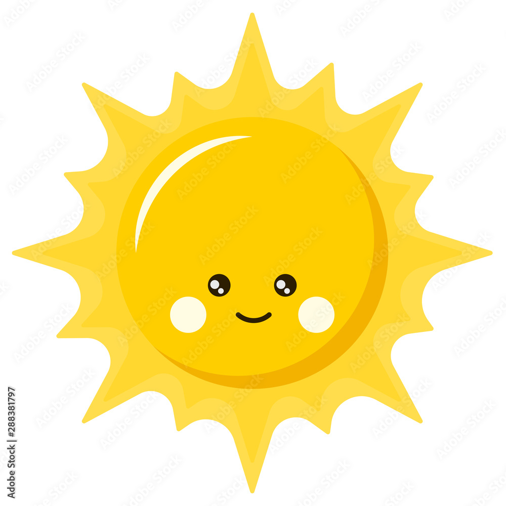 Flat vector illustration of cute smiling happy sun cartoon icon logo design, kawaii style.