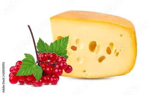 Fresh cheese and viburnum isolated on white background