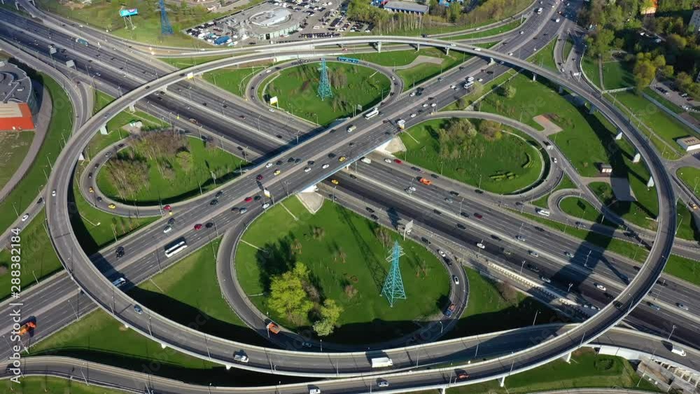 Aerial view of a freeway intersection traffic trails in Moscow. Aerial view of a freeway intersection traffic trails in Moscow.