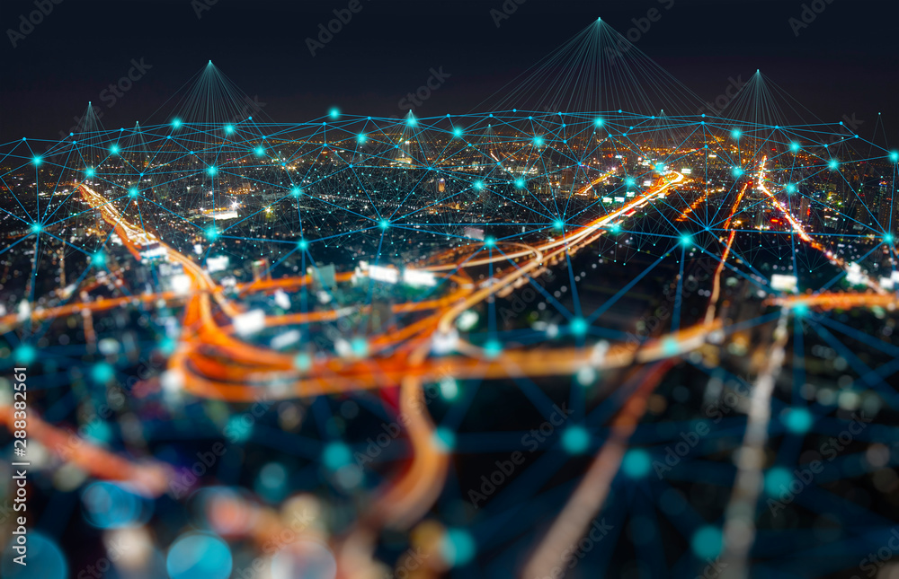 Wireless network and Connection technology concept with Abstract Bangkok city background - obrazy, fototapety, plakaty 
