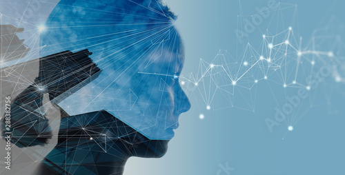 Foto Double exposure of businesswoman and cityscape with Wireless network and Connection technology