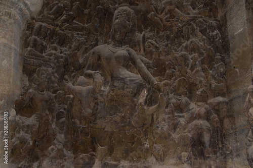 Sculpture of Hindu god in Elephanta cave near Mumbai Harbor.