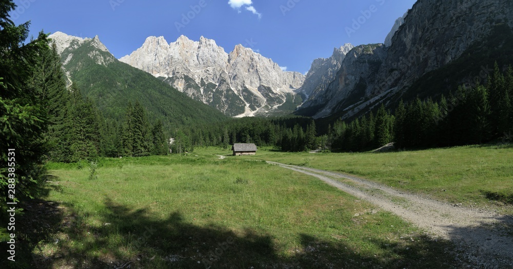 in the Krnica valley with the top of the mountain Križ in Julian Alps in Slovenia