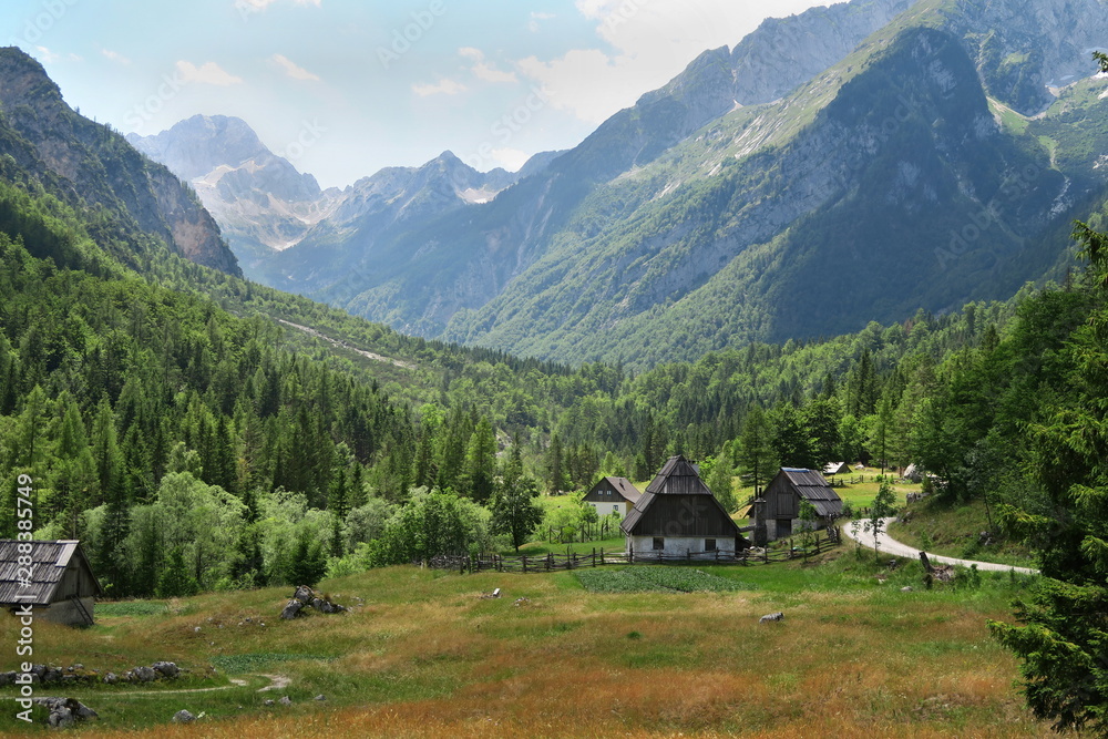 Plakat Zadnja Trenta valley with the Bavski Grintavec peak in the Julian Alps in Slovenia