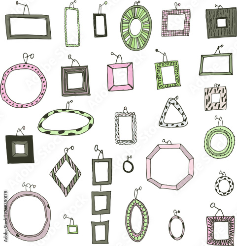 Set of cute doodle frames isolated on white background. Cartoon funny picture frames hanging on the wall