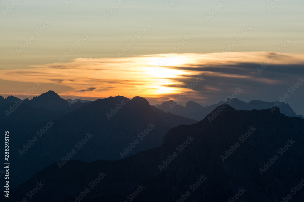 view of sunset in the mountains, evening in the Alps