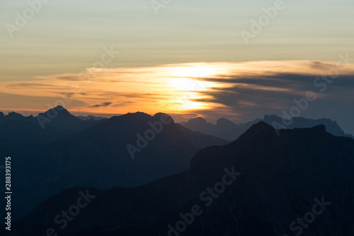 view of sunset in the mountains, evening in the Alps