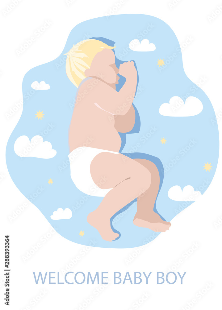 A charming baby sleeping on a blue sheet. Template greeting cards on the theme welcome baby. Vector illustration. A charming baby sleeping on a blue sheet. Template greeting cards on the theme welcome baby. Vector illustration.