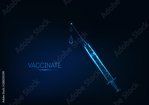 Futuristic glowing low polygonal syringe with vaccine medication and drops on dark blue background.