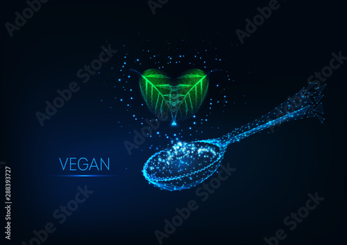 Futuristic vegan or vegetarian diet concept with glowing low polygonal green leaves and spoon.