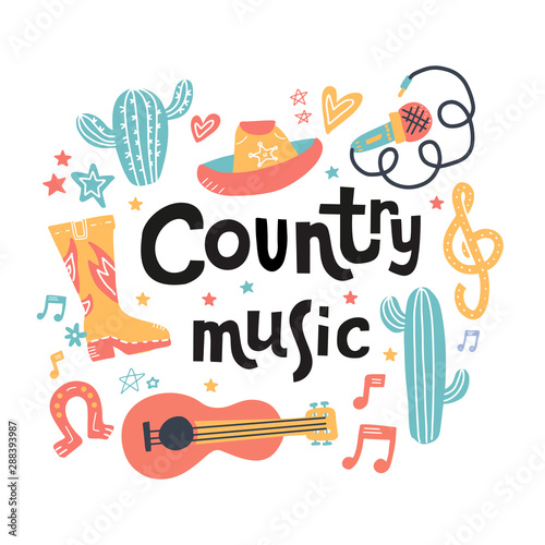 Set of symbols and mosern lettering on country music theme. Hand drawn doodle illustrations isolated on white background.. photo