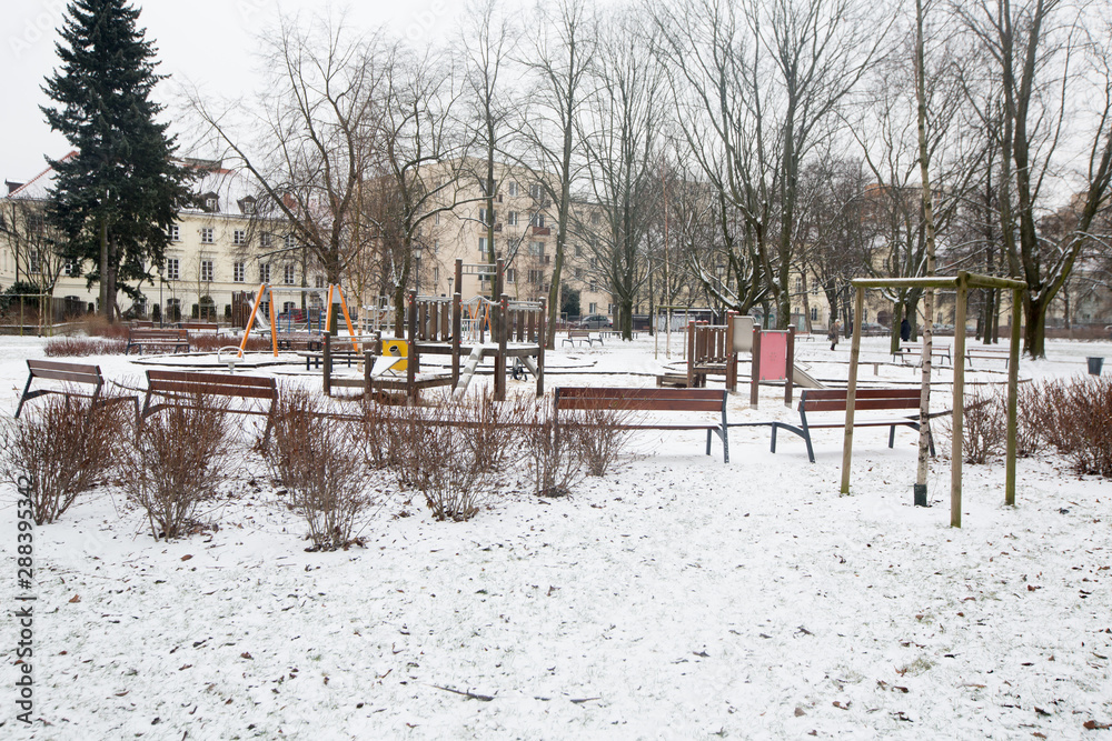 playing ground covered with snow, Warsaw, Poland