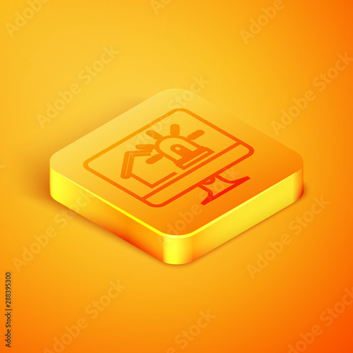 Isometric line Computer monitor with smart house and alarm icon isolated on orange background. Security system of smart home. Orange square button. Vector Illustration