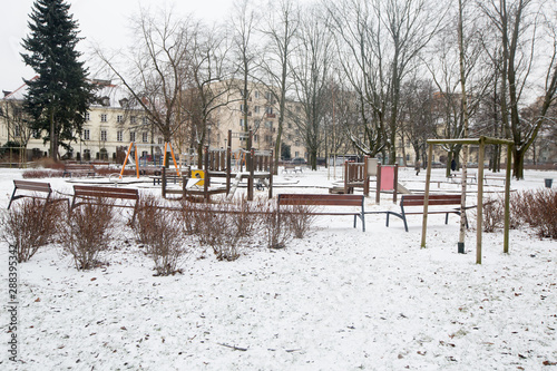 playing ground covered with snow, Warsaw, Poland