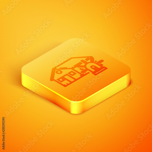 Isometric line Smart house and alarm icon isolated on orange background. Security system of smart home. Orange square button. Vector Illustration