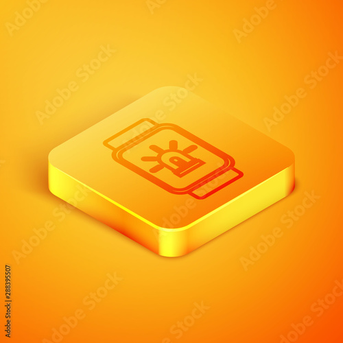 Isometric line Smart watch with smart house and alarm icon isolated on orange background. Security system of smart home. Orange square button. Vector Illustration