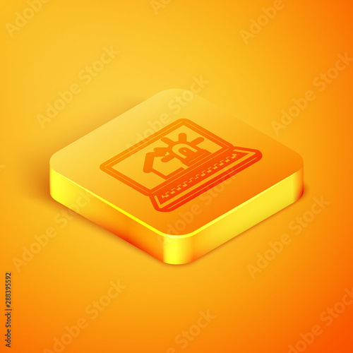 Isometric line Laptop with smart house and alarm icon isolated on orange background. Security system of smart home. Orange square button. Vector Illustration