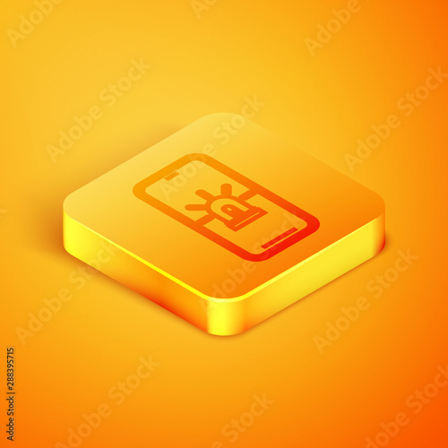 Isometric line Mobile phone with smart house and alarm icon isolated on orange background. Security system of smart home. Orange square button. Vector Illustration