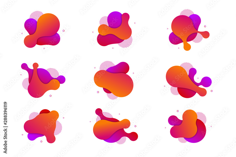 Vector set of fluid isolated abstract geometric violet and orange gradient shapes for modern website and graphic design on the white background. Concept of dynamic composition and liquid color element