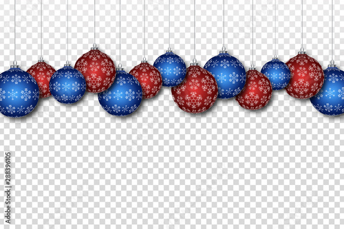 Vector realistic isolated Christmas Balls border for template decoration and invitation covering on the transparent background. Concept of Happy New Year.